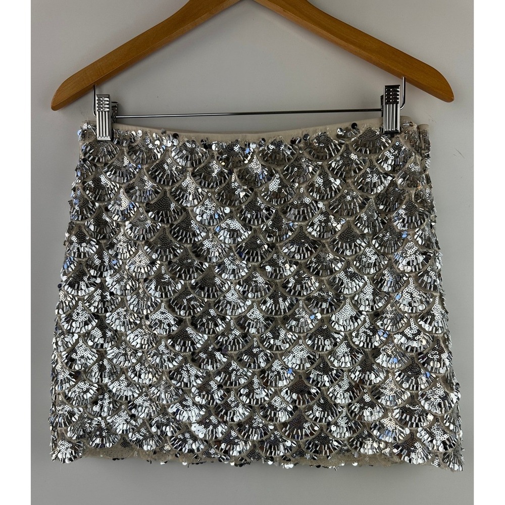 Sans Souci Silver Scalloped Sequin Mini Skirt Womens Large Art Deco Fan Party - Picture 2 of 11
